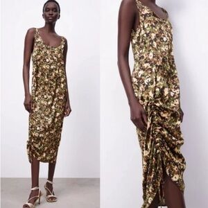 ZARA Satin Effect Camo Print Slip Midi Dress size extra small